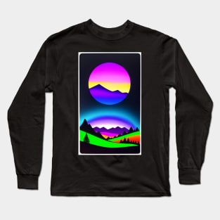 Day Glo Fluorescent Sun Mountains Abstract Landscape Long Sleeve T-Shirt